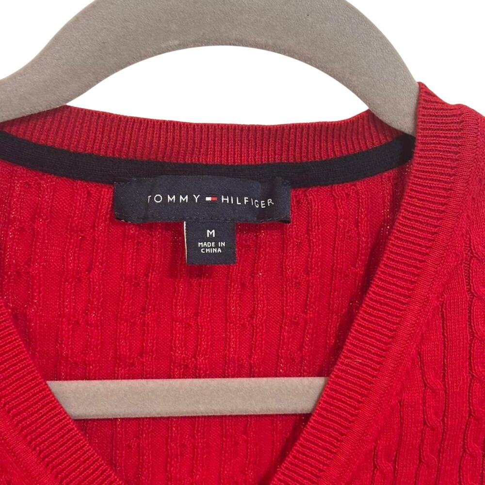 Tommy Hilfiger Red Cable Knit V-Neck Sweater Women’s Medium Classic Cotton - Picture 4 of 8